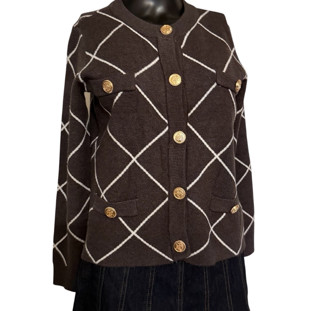 Carolyn Taylor Charcoal Cardigan with White Diamond Pattern
